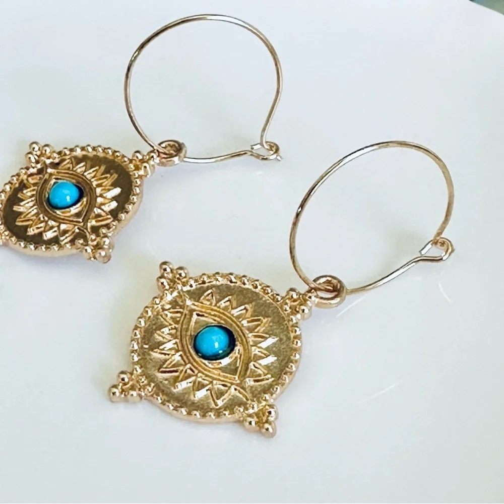 2/$30🌵 Egyptian Revival Eye Of Horus Evil Eye Earrings Antiqued Gold Hoop NEW